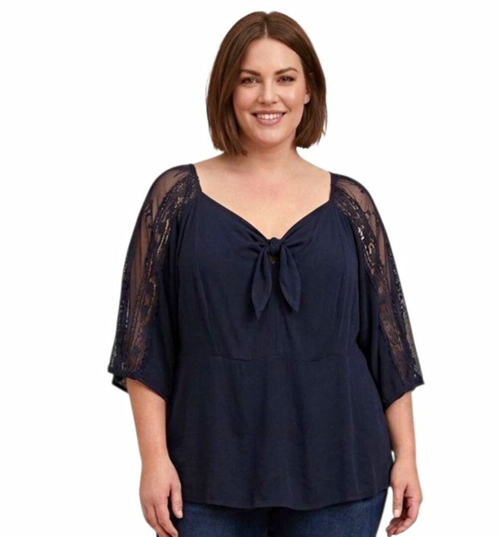 Torrid Womens Blouse 5X Black Sweetheart neckline Lace Tie Embroidered 3/4 Slv
